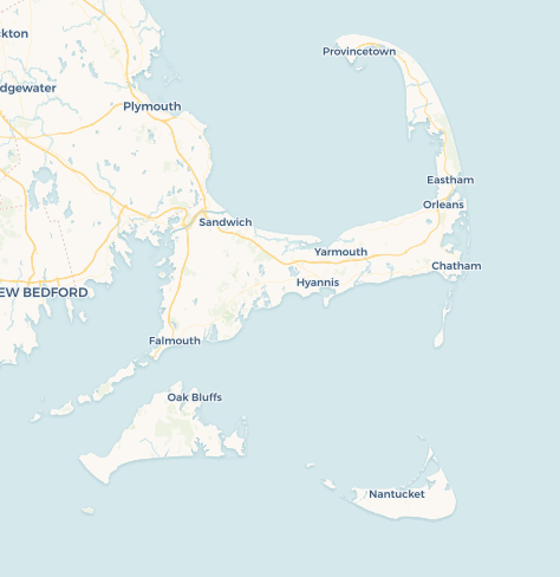 Map of our service area: all of Cape Cod, Martha's Vineyard, and Nantucket, Massachusetts